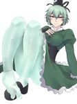  absurdres blush breasts corset dress ghost_tail green_dress green_eyes green_hair hat highres juliet_sleeves large_breasts legs long_sleeves nicutoka puffy_sleeves shoes short_hair simple_background single_shoe soga_no_tojiko solo tate_eboshi touhou 