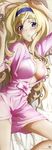  absurdres blonde_hair blue_eyes blush breasts cecilia_alcott cleavage close-up copyright_name cowboy_shot from_above headband highres infinite_stratos japanese_clothes kimono knee_up large_breasts long_hair long_legs looking_at_viewer lying no_bra on_back parted_lips yukata 