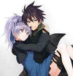 1girl arms_around_neck black_gloves black_hair blue_dress carrying darker_than_black dress gloves hei kabocha_(monkey4) long_hair looking_at_another ponytail princess_carry purple_eyes purple_hair short_hair simple_background white_background yin 