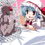  blue_hair blush bow cage chin_rest chupacabra dress fang hat hat_bow hemogurobin_a1c mob_cap open_mouth pink_background puffy_sleeves red_eyes remilia_scarlet short_sleeves sweatdrop table tablecloth teeth touhou tupai_(touhou) white_dress wrist_cuffs 