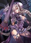  armor braid breasts cleavage contrapposto cowboy_shot gauntlets hair_ornament highres lance land_of_caromag large_breasts long_hair monogo original pauldrons polearm red_eyes silver_hair single_braid solo standing very_long_hair weapon 