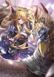  armor blonde_hair breasts cleavage cloud faulds gauntlets griffin hair_over_one_eye highres land_of_caromag large_breasts long_hair looking_at_viewer monogo navel original pauldrons red_eyes riding sky solo very_long_hair 