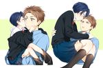  2girls age_progression age_regression bad_id bad_pixiv_id blue_hair blush brown_hair carrying cheek_kiss child dual_persona eye_contact gekkan_shoujo_nozaki-kun hand_on_another's_cheek hand_on_another's_face hori_masayuki kashima_yuu kiss looking_at_another mery_(apfl0515) miniskirt multiple_boys multiple_girls oversized_clothes pleated_skirt princess_carry school_uniform short_hair skirt younger 