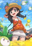  1girl :d absurdres bangs bare_shoulders black_hair blue_sky breasts bug buzzwole collarbone cutiefly day field flower flower_field gonzarez happy hat highres light_rays mosquito muscular open_mouth oricorio oricorio_(pom-pom) outdoors petals petilil pokemon pokemon_(creature) pokemon_(game) pokemon_usum red_flower selene_(pokemon) shirt short_hair shorts sky sleeveless sleeveless_shirt small_breasts smile standing sun_hat sunflower sunlight swept_bangs teeth ultra_beast upper_teeth white_shorts wind 