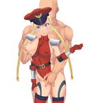  1boy 1girl alternate_costume areolae blonde_hair blue_eyes blush braid breast_grab breasts breasts_outside cammy_white erect_nipples female fingering grabbing large_breasts leotard long_hair looking_at_viewer nipples puffy_nipples standing street_fighter twintails vega_(cosplay) 