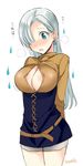  arms_behind_back bad_id bad_pixiv_id blue_eyes blush breasts center_opening cleavage earrings elizabeth_liones hair_over_one_eye jewelry large_breasts long_hair looking_at_viewer nanatsu_no_taizai saikawa_yusa silver_hair skirt solo 