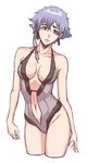  1girl bare_shoulders bikini black_eyes bleach braid breasts cleavage grey_eyes high_resolution highres kotetsu_isane leaf98k looking_at_viewer navel parted_lips purple_hair short_hair silver_hair solo standing swimsuit very_short_hair 