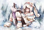  :d animal_hood brown_eyes brown_hair bunny_hood coat holding hood lagombi_(armor) looking_at_viewer monster_hunter open_mouth shield sitting smile snowing solo sword toutenkou weapon 
