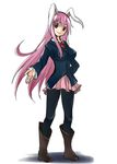  animal_ears bad_id bad_pixiv_id blazer blouse boots breasts bunny_ears full_body grin hand_on_hip jacket large_breasts lavender_hair long_hair necktie outstretched_arm pantyhose red_eyes red_neckwear reisen_udongein_inaba shadow shinmon_akika simple_background skirt smile solo standing touhou very_long_hair white_background 