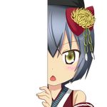  blush chrysanthemum detached_sleeves eyebrows_visible_through_hair flower green_eyes grey_hair hair_flower hair_ornament haori japanese_clothes looking_at_viewer miki_(oshiro_project) nagineko oshiro_project peeking_out short_hair solo transparent_background 