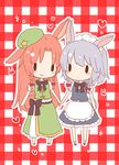  :&gt; animal_ears apron bangs blue_eyes braid bunny_ears bunny_girl bunny_tail chibi chinese_clothes chitose_(usacan) green_hat hair_ribbon hat holding_hands hong_meiling izayoi_sakuya kemonomimi_mode maid maid_apron maid_headdress multiple_girls parted_bangs puffy_short_sleeves puffy_sleeves red_hair ribbon shirt short_sleeves side_slit silver_hair sketch smile tail tangzhuang touhou tress_ribbon twin_braids white_shirt |_| 