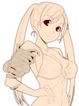  alien alien_(movie) arm_hug breasts facehugger front-tie_top highres ino kousaka_rino large_breasts long_hair monochrome otome_function simple_background smile twintails 