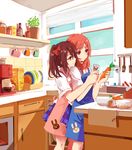  animal_print apron black_hair bow bowl bunny_print carrot cereal_box coffee coffee_maker_(object) cup ghost_(ghost528) hair_bow highres holding holding_hands holding_vegetable hug hug_from_behind kitchen love_live! love_live!_school_idol_project mug multiple_girls nishikino_maki peeler pepper_shaker plaid plaid_skirt plant plate potted_plant purple_eyes red_eyes red_hair salt_shaker short_sleeves sink skirt smile spatula twintails window yazawa_nico yuri 