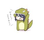  blush_stickers chibi closed_eyes costume dinosaur_costume eyepatch kantai_collection kurono_nekomaru open_mouth purple_hair shadow short_hair simple_background solo tenryuu_(kantai_collection) translated white_background 