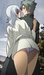  1boy 1girl ass back dark_skin eyepatch highres hyakka_ryouran_samurai_girls long_hair panties standing stitched underwear white_hair white_panties yagyuu_gisen yagyuu_muneakira 