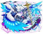  beyzul blue_eyes blue_hair dragon feathered_wings hat hermes_(p&amp;d) jewelry long_hair male_focus midriff navel necklace ponytail puzzle_&amp;_dragons smile staff water wings yamanashi_taiki 