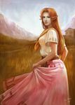 aline_mendes breasts brown_hair field highres lips long_hair long_skirt looking_back malon medium_breasts neckerchief nose older pointy_ears realistic skirt skirt_hold smile solo the_legend_of_zelda the_legend_of_zelda:_ocarina_of_time 