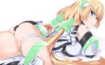  angela_balzac ass blonde_hair blue_eyes bodysuit breasts deva_battle_suit headgear kuronyan large_breasts leotard long_hair looking_at_viewer low_twintails lying on_stomach rakuen_tsuihou smile solo thigh_strap twintails very_long_hair white_background 