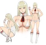  1girl adapted_costume bangs bare_shoulders bikini blonde_hair blue_eyes boots breasts detached_collar emilie_de_rochefort fingerless_gloves full_body gloves hand_on_hip hareno_chiame lili_(tekken) long_hair looking_at_viewer multiple_views navel parted_lips simple_background sketch solo squatting standing swimsuit tekken tekken_5 underboob white_background white_bikini white_swimsuit 