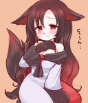  animal_ears bare_shoulders blush breasts brooch brown_hair claws cleavage dress imaizumi_kagerou jewelry large_breasts long_hair marshmallow_mille orange_background simple_background sitting tail touhou translation_request wariza wolf_ears wolf_tail 