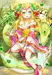  bamboo bare_legs bare_shoulders barefoot blonde_hair chinese_clothes gmanee green_eyes hair_ornament highres long_hair meimei_(p&amp;d) off_shoulder puzzle_&amp;_dragons snake solo turtle turtle_shell 