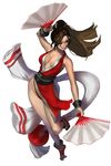  ankle_boots boots breasts brown_eyes brown_hair cleavage dual_wielding erufan fan fatal_fury folding_fan hair_ornament highres holding japanese_clothes large_breasts long_hair ninja pelvic_curtain ponytail shiranui_mai solo the_king_of_fighters wrist_cuffs 