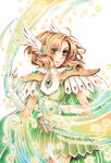  armor blonde_hair colored_pencil_(medium) cowboy_shot elbow_gloves gem gloves green_skirt hair_ornament hairband head_wings hououji_fuu jigoro_(mig60gummy) magic magic_knight_rayearth no_eyewear parted_lips pleated_skirt short_hair skirt solo traditional_media white_gloves 