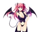  1girl arm_strap ayase_hazuki black_legwear black_wings bracelet breasts cleavage demon_girl demon_tail firika_mia_shatana game_cg grand_cru_bourgeois hair_ornament hand_on_hip happy head_wings highres jewelry large_breasts legs long_hair looking_at_viewer nukidoki! open_mouth panties pink_hair pointing purple_eyes simple_background smile solo standing tail thighs thong twintails underwear wings 