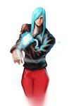  aqua_hair blue_eyes blue_fire cowboy_shot fire glowing glowing_hand hair_over_one_eye jacket jewelry leather leather_jacket long_hair male_focus omega_symbol remy_(street_fighter) ring solo street_fighter street_fighter_iii_(series) yong_nin_young 