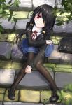  ashzone_harumichi black_hair black_legwear clock_eyes date_a_live heterochromia highres knees_together_feet_apart long_hair mary_janes pantyhose red_eyes school_uniform shoes sitting sitting_on_stairs skirt smile solo stairs symbol-shaped_pupils tokisaki_kurumi yellow_eyes 