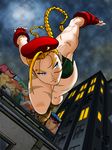  ahoge antenna_hair beret blonde_hair blue_eyes bodypaint boots braid cameo cammy_white camouflage combat_boots fingerless_gloves from_below gloves hat huge_ahoge jumping leotard long_hair poster_(object) ryuu_(street_fighter) samuel_perez_salinas scar solo street_fighter toned twin_braids 