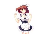  1girl antenna_hair ayase_hazuki braid breasts brown_hair character_request cleavage game_cg grand_cru_bourgeois happy highres large_breasts legs looking_at_viewer maid maid_headdress nukidoki! open_mouth short_hair simple_background smile solo standing thighs yellow_eyes 