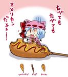  :3 bat_wings blue_hair check_commentary check_translation chibi commentary_request corndog dress eating food hat highres looking_at_viewer minigirl mob_cap noai_nioshi pink_dress remilia_scarlet sausage short_hair solo tears touhou translation_request wings 