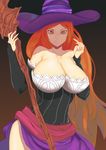  black_background breasts brown_background brown_eyes cleavage detached_sleeves dragon's_crown dress fingernails gradient gradient_background hat highres huge_breasts kkun88 long_fingernails long_hair looking_at_viewer red_hair sash smile solo sorceress_(dragon's_crown) staff strapless strapless_dress thighs very_long_hair witch_hat 