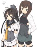  akizuki_(kantai_collection) bad_id bad_twitter_id bike_shorts black_legwear brown_eyes brown_hair hairband headgear kantai_collection multiple_girls natsume_(na_tsumen) ponytail school_uniform serafuku short_hair taihou_(kantai_collection) 