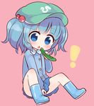 blue_eyes blue_hair cucumber hair_bobbles hair_ornament hat holding holding_vegetable kawashiro_nitori looking_at_viewer marshmallow_mille open_mouth short_hair sitting solo touhou two_side_up 