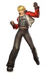  blonde_hair clenched_hands erufan fatal_fury fingerless_gloves full_body gloves jacket male_focus mark_of_the_wolves open_clothes open_jacket pants pectorals red_eyes rock_howard snk solo taut_clothes 