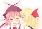  ayatori_(aytr) bird_ear bird_wings blonde_hair blush bow cheek_licking closed_eyes face_licking hair_bow hat_feather highres licking multiple_girls mystia_lorelei one_eye_closed pink_eyes pink_hair rumia touhou wings yuri 