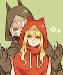  animal_costume animal_ears animal_hood bad_id bad_pixiv_id bangs big_bad_wolf big_bad_wolf_(cosplay) big_bad_wolf_(grimm) blonde_hair blue_eyes blunt_bangs cat_ears cloak cosplay facial_scar flower glasses green_background hanna_rudel hood little_red_riding_hood little_red_riding_hood_(grimm) little_red_riding_hood_(grimm)_(cosplay) long_hair multiple_girls nose_scar perrine_h_clostermann scar shirono_kuma simple_background smile strike_witches white_hair wolf_costume wolf_ears world_witches_series yellow_eyes 