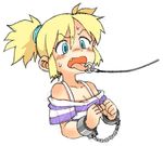  1girl bdsm blonde_hair blue_eyes bondage bound chains cuffs handcuffs manacles oyatsu_(mk2) piercing shackles shirt short_hair striped striped_shirt tongue tongue_leash tongue_out tongue_piercing twintails 