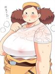  1girl black_eyes blush breasts brown_hair erect_nipples fat hat large_breasts looking_at_viewer open_mouth see-through shimejix solo standing sweat translation_request 