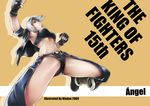  2009 angel_(kof) anniversary boots breasts chaps clenched_hands cowboy_boots cropped_jacket fingerless_gloves gloves jacket jumping medium_breasts midriff navel open_clothes open_jacket short_hair short_shorts shorts silver_hair solo strapless the_king_of_fighters tubetop wuduo 