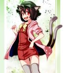  :d adapted_costume animal_ears bad_id bad_pixiv_id bow brown_hair cat_ears cat_tail chen coat contemporary dress ear_piercing fang grey_legwear happy hat highres jewelry looking_at_viewer mob_cap multiple_tails nekomata open_clothes open_coat open_mouth paw_print piercing red_dress red_eyes s-syogo single_earring slit_pupils smile solo tail thighhighs touhou zettai_ryouiki 