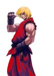  blonde_hair blue_eyes dougi eyebrows fingerless_gloves gloves hand_on_hip ken_masters male_focus muscle pointing pointing_at_self sleeveless solo street_fighter thick_eyebrows white_background yong_nin_young 