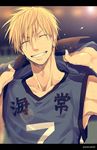  basketball basketball_uniform blonde_hair grin kise_ryouta kuroko_no_basuke letterboxed male_focus mashima_shima smile solo sportswear sweat 