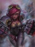  blue_eyes blue_hair breasts character_name choker clenched_hands facial_tattoo gauntlets goggles goggles_on_head highres jinx_(league_of_legends) league_of_legends lips mechanical_arms multiple_girls oversized_forearms oversized_limbs phantom_ix_row pink_hair short_hair shoulder_pads small_breasts solo_focus tattoo thigh_gap unconscious vi_(league_of_legends) 