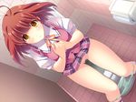  1girl ayase_hazuki bathroom blush braid breasts censored character_request game_cg grand_cru_bourgeois highres legs looking_at_viewer nukidoki! panties panty_pull parted_lips peeing pussy red_hair school_uniform short_hair sitting skirt solo thighs toilet toilet_paper toilet_use underwear yellow_eyes 