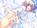  1girl angel angel_wings ayase_hazuki blonde_hair blush breasts cloud clouds dress feathers game_cg grand_cru_bourgeois green_eyes halo happy highres large_breasts looking_back mitra_airun_sera nukidoki! open_mouth short_hair sky smile white_wings wings 