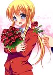  androgynous blonde_hair blue_eyes bouquet dated flower happy_birthday neon_ui open_mouth ponytail red_flower red_rose rose smile umineko_no_naku_koro_ni ushiromiya_lion 