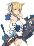  animal_ears armpits bare_shoulders blonde_hair blue_eyes blush braid breasts covered_nipples gauntlets groin hair_ornament highres kurowa large_breasts long_hair panties puzzle_&amp;_dragons shield solo sweat sword thighhighs torn_clothes torn_legwear underwear valkyrie_(p&amp;d) water_valkyrie_(p&amp;d) weapon 
